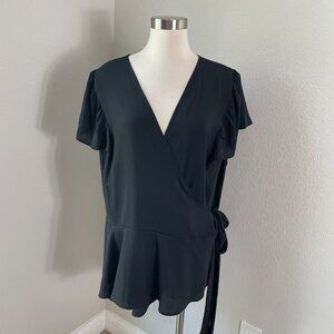 Loft Womens Plus 26 Black Wrap Top Short Flutter Sleeves Blouse Shirt